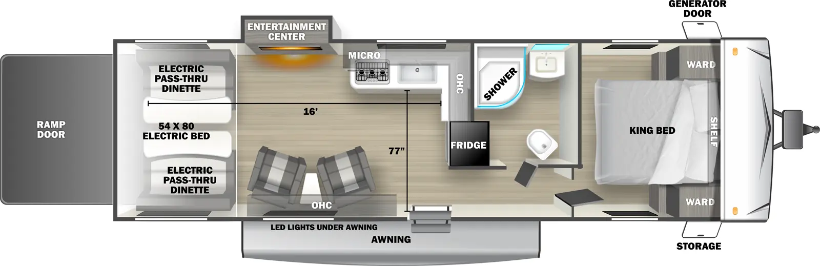 The 2700SRS travel trailer has 1 slide out on the off-door side, 1 entry door and 1 rear ramp door. Exterior features include an awning with LED lights, front door side storage and front off-door side generator door. Interior layout from front to back includes: front bedroom with foot-facing King bed, shelf over the bed, and front corner wardrobes; off-door side bathroom with shower, linen storage, toilet and single sink vanity; off-door side L-shaped kitchen countertop with stovetop, overhead microwave and cabinets, sink, and rear facing refrigerator; 2 door side recliners with end table; off-door side slideout holding an entertainment center; and rear 54 x 80 electric bed over electric pass-through dinette. Cargo length from rear of unit to kitchen countertop is 16 ft. Cargo width from kitchen countertop to door side wall is 77 inches.